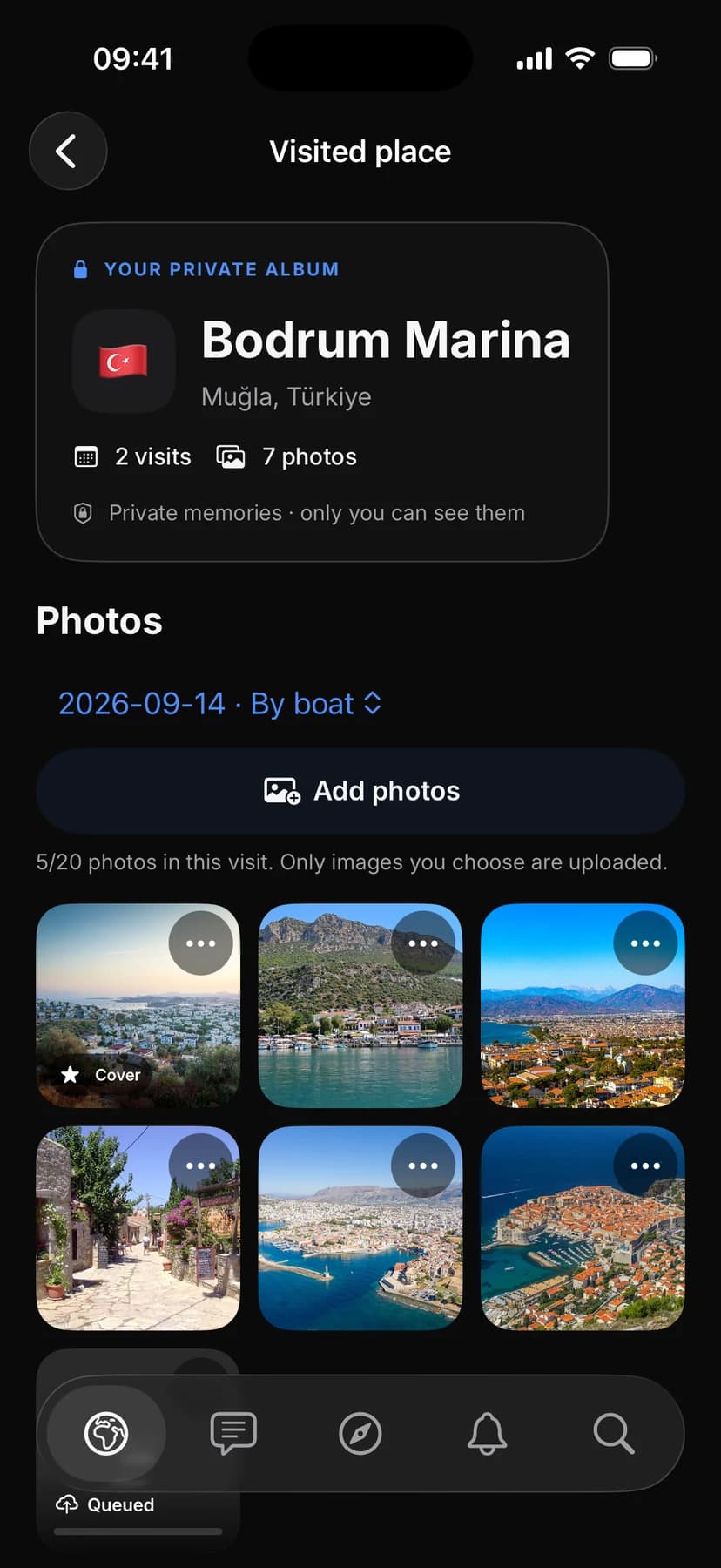 A private album for one place with its photo grid and visit history