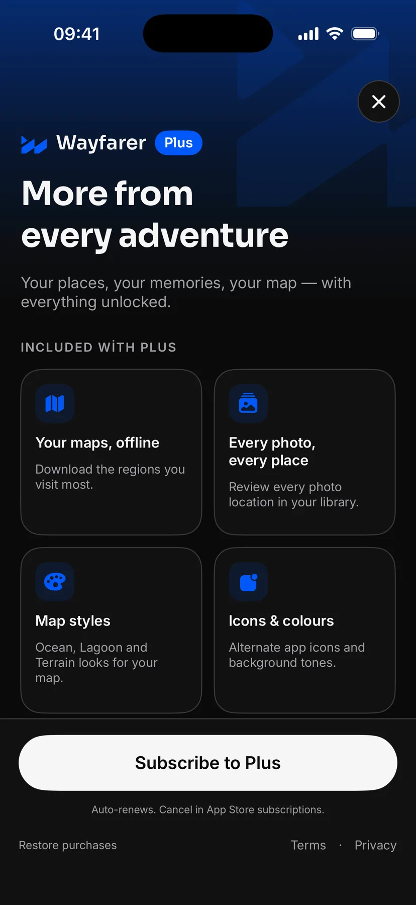 The Wayfarer Plus screen listing what Plus includes