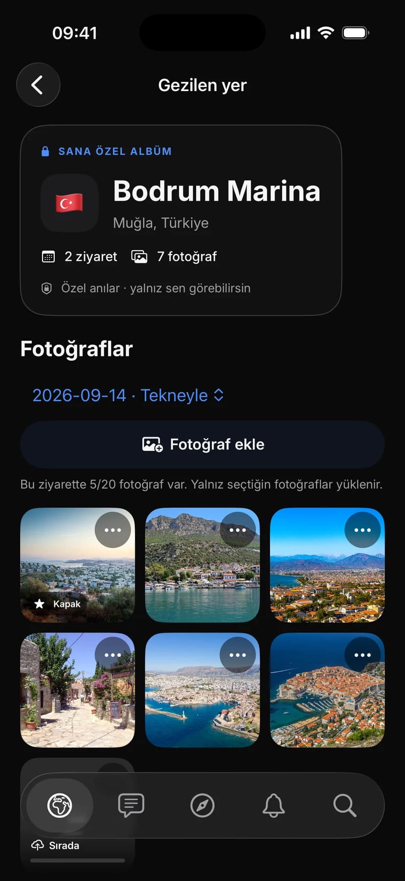 Bir yerin özel albümü; fotoğraf ızgarası ve ziyaret geçmişiyle