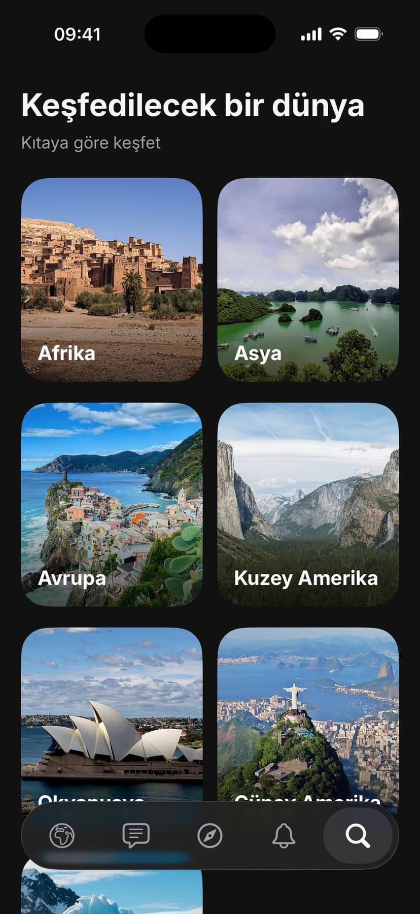 Altı kıta kartıyla keşfet ekranı
