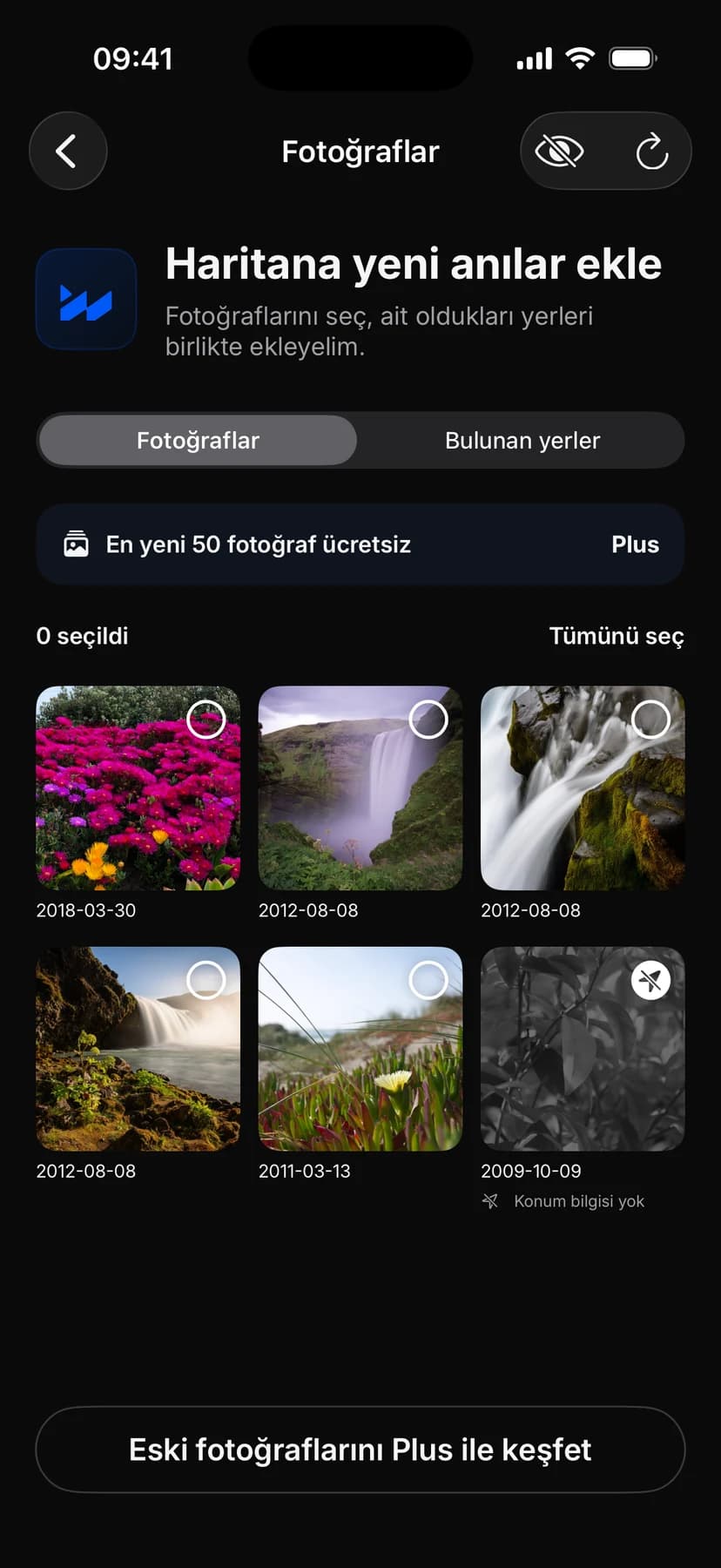 Kütüphanede bulunan fotoğraf grupları; her biri yer, tarih ve fotoğraf sayısıyla