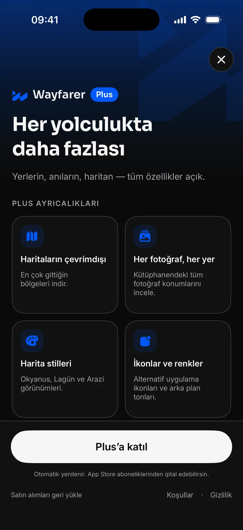 Plus’ın sunduklarını listeleyen Wayfarer Plus ekranı